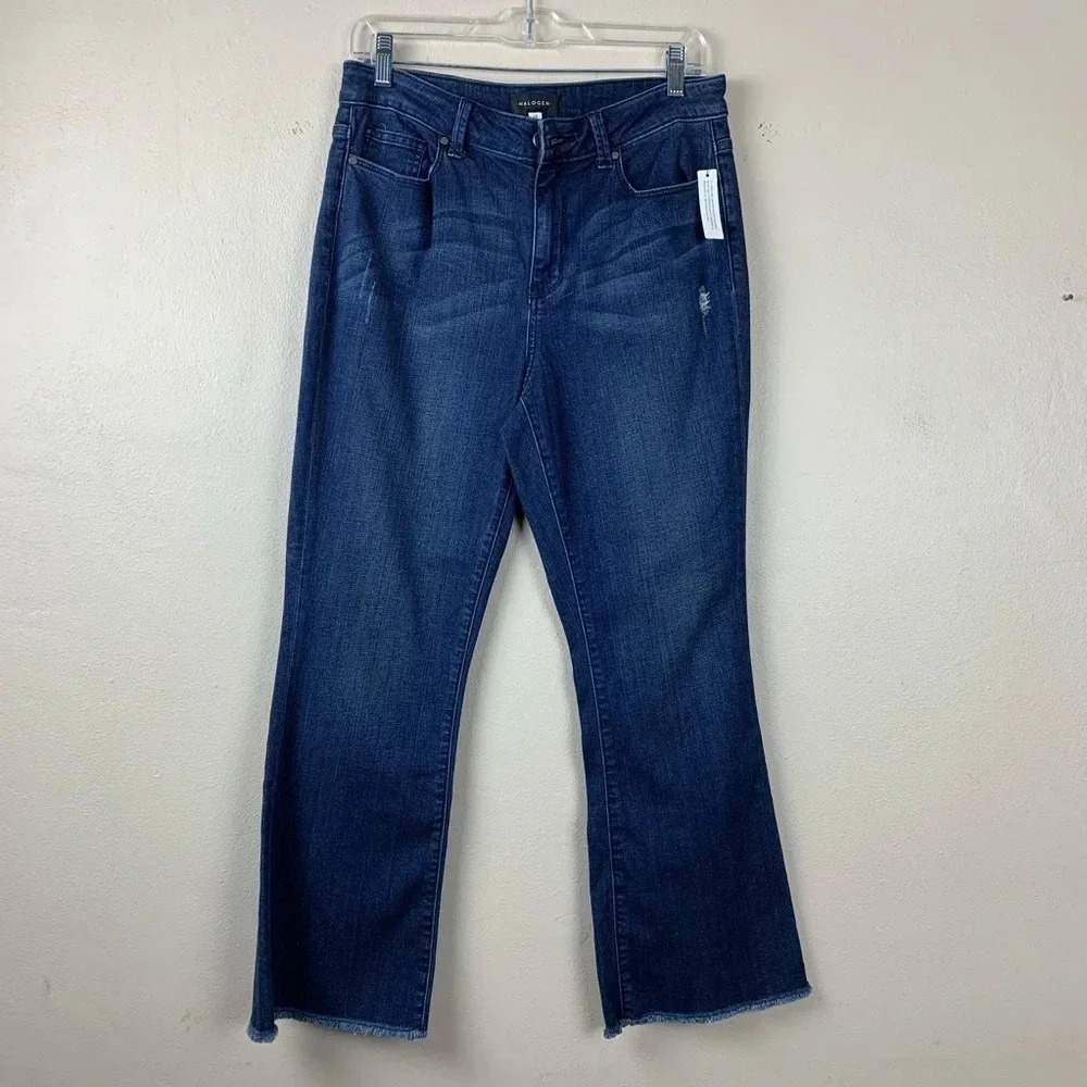 Halogen Cropped Kick Flare Jeans High Rise Frayed Ankle Distressed Dark Wash 28 - Picture 2 of 7